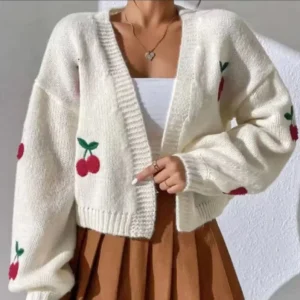 Autumn Winter Embroidered Unbuttoned Crop Top Sweater Loose Lantern Sleeves for Women’s Knitted