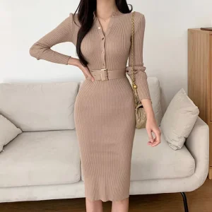 Autumn Winter European American New Hip Wrap Bodycon Women’s Round Neck Long Sleeve Elegant Slim Fit Knitted Sweater Dress