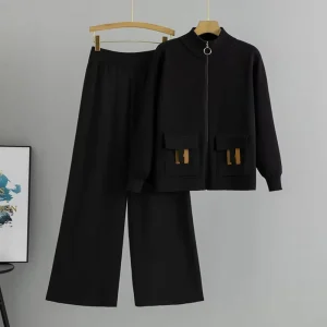 Autumn Winter Female Loose Tracksuit Sweatshirt Women’s Sports Suits Zipper Jacket and Wide Leg Pants Two piece Set