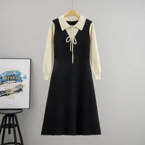Autumn Winter French Style Gentle Lapel Design Sweater Dress Slimming Knit Base Loose Silhouette Casual