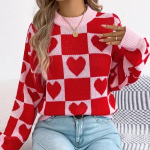 Autumn Winter Korean Love Plaid Lantern Long Sleeve Pullover Sweater for Women’s Valentine’s Day