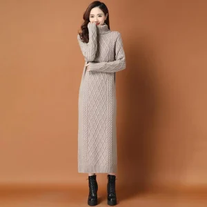 Autumn Winter Long Base Solid A-Line Long Knee Thick High Neck Loose Waist Slimming Women Knitted Sweater Dress