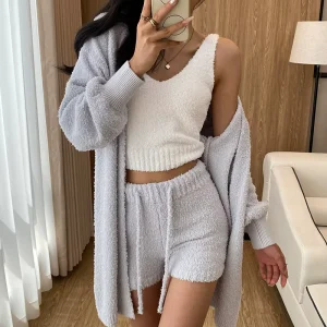 Autumn Winter Loungewear Three Piece Women’s Home Clothes Nightgown Waist Solid Loose Soft Outer Wearing