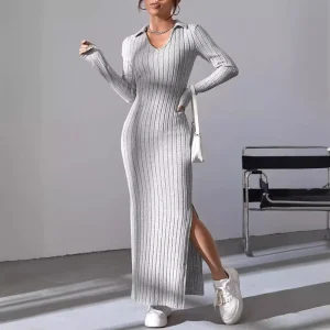 Autumn Winter Multicolor Spaghetti Strap Knitted Slim-fit Lapel Long-sleeved Ribbed Solid Color Tight Knitted Dress