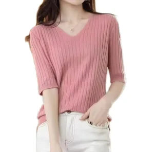 Autumn Winter New Fashion Casual V Neck Spandex Cotton Knitting Short Sleeved Slim Women’s T Shirt OEM Brand