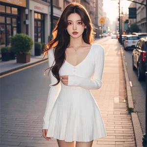 Autumn Winter New Style Luxury Solid Knitted V Neck Medium Length Thick Long Sleeve A Line Women’s Outer Wear Dress