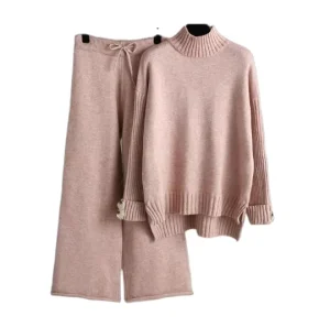 Autumn Winter New Women’s Knitted Set Half High Collar Sweater Thickened Loose Two Piece Set