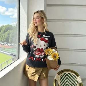 Autumn Winter New Women’s Sweet Cat Jacquard Bow Cartoon Casual Pullover Knitwear Christmas Gift
