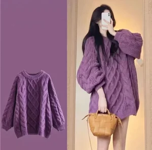 Autumn Winter Plus-Size Women’s Loose Twisted Vintage Flat Knitted Korean Sweater Round Neck Knitted Top