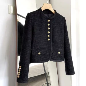 Autumn Winter Socialite Style Women’s Waterproof Button Classic Heavy Tweed Regular Long Sleeve Polyester Coat