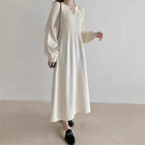 Autumn Winter Soft Knitted A-Line Solid Color Long Sleeve Women’s Dress