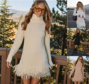 Autumn Winter Solid Anti Wrinkle Tassel Long Sleeve Mini Casual Women’s Vintage Asymmetrical Skinny Knit Sweater Dress