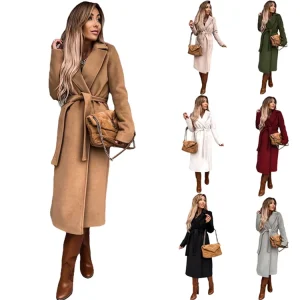 Autumn Winter Solid Color Lapel Windbreaker Women Long Sleeve Coat Jacket