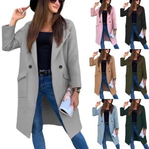 Autumn Winter Solid Color Women’s Oversize Lapel Collar Woolen Plaid Single Breasted Long Coat Jacket
