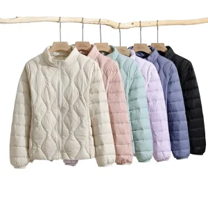 Autumn Winter Stand Collar Thin Nylon Elegant Women’s Jacket White Duck Down Light Warm Large Size Coat Korean