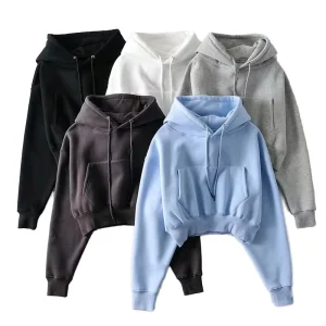 Autumn Winter Thick Cropped Hoodies Drop Shoulder Loose Crop Tops Custom Print Basic Women Sweatshirt