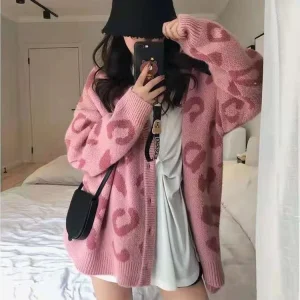 Autumn Winter V Neck Knitted Cardigans Women Single Breasted Printed Loose Sweaters Female Casual Cardigans Soft Knitwear