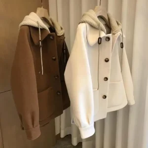 Autumn Winter Women Woolen Coat Long Sleeve Hooded Single Breasted Overcoat Patchwork Lady Casual Windproof Coats