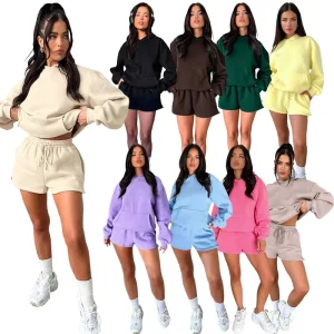 Autumn Winter Women’s Casual Clothing Custom LOGO Two Piece Set Hooded Joggers Shorts Woven Knee Solid Irregular Suit