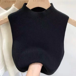 Autumn Winter Women’s Casual Half High Neck Halter Vest Loose Fall O Neck Short Tops Bottom Sleeveless Knitted Sweater Vests