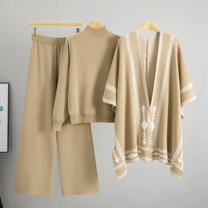 Autumn Winter Women’s Casual Knitting Sweaters Three Piece Set Turtleneck Knit Sweater Shawl Cape Coat Wide Leg Pants