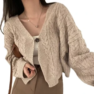 Autumn Winter Women’s Casual Long Sleeve Coat Solid Top Knitwear with Retro Twist Loose Cardigan Sweater