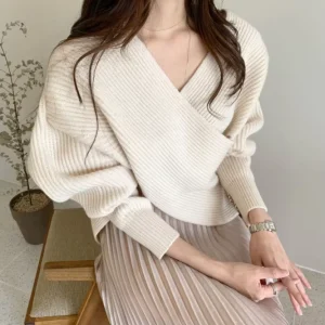 Autumn Winter Women’s Casual Simple Cross V Neck Wrap Loose Knitwear Sweater Long Sleeve Solid Color Knit Pullover Front