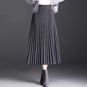 Autumn Winter Women’s Casual Worsted Knitted Polyester Cotton 220g Solid Pleated Elastic Natural Waist Standard Skirt