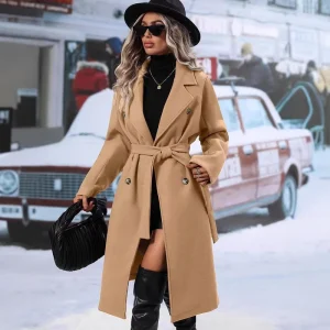 Autumn Winter Women’s Double Breasted Wool Coat with Lace Up Collar European American Style Cross Border New Suit