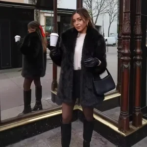Autumn Winter Women’s Eco Friendly Casual Faux Fur Coat Turn down Collar Covered Button Closure Mid length Fluffy Warm