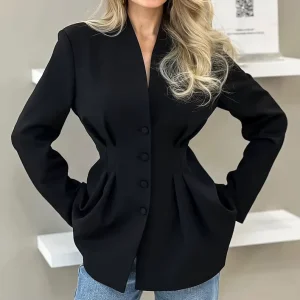 Autumn Winter Women’s Elegant Breathable Office Solid Color V Neck Waist Button Casual Daily Wear Blazer