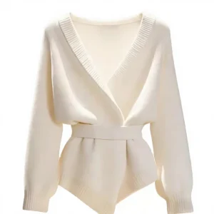 Autumn Winter Women’s Elegant Cardigan Deep V neck Solid Color White Collar cuffs Stripe Hem Tie Belt Urban Casual Style