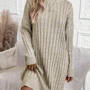 Autumn Winter Women’s High Collar Spaghetti Strap Loose Knitted A-Line Midi Casual Solid Color Knitted Dress