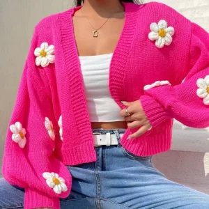 Autumn Winter Women’s Knitted Cardigan Long Sleeve Loose Outerwear with Flower Embroidery Ladies’ Casual Short Coats