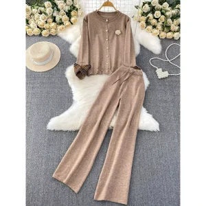 Autumn Winter Women’s Knitwear Set Heart Buttons Color Block Cardigan and High Waist Wide Leg Pants Knit Suit