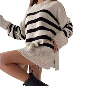 Autumn Winter Women’s Korean Style Anti-Pilling O-neck Striped Knitted Front Logo Cotton Pullover Sweater
