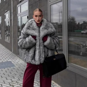 Autumn Winter Women’s Maternity Slim Faux Fur Coat Large Lapel Silver Fox Green Fur