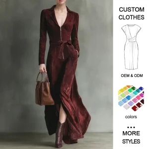 Autumn Winter Women’s Retro Suede Long Dress Zipper Deep V Neck Contrasting Color High Slit Maxi Dress