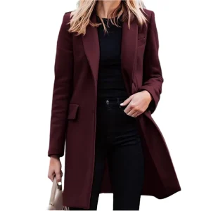 Autumn Winter Women’s Single Breasted Long Blazer Jacket Solid Pattern Trench Coat Single Breasted