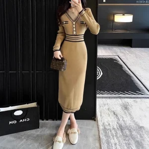Autumn Winter Women’s Spaghetti Strap Polo Collar Slim-Fit Hip Over-the-Knee Illusion Knitted Dress