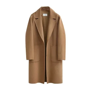 Autumn Winter Women’s Stylish Double Sided Woolen Coat Long Loose Jacket Cotton Filling Knitted Fabric Featuring Pocket