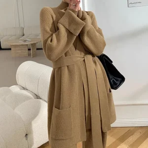 Autumn Winter Women’s Turtleneck Pullover Knitted Cardigan Long Sleeve Wide Leg Pants 3 Sets Women Sweater