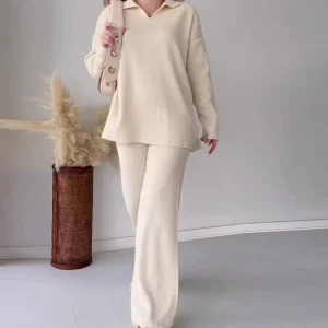 Autumn Winter Women’s Two Piece Knitwear Set Polo Collar Long Sleeve Slit Pullover with Wide Leg Pants Knitted Sweater Set