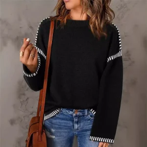 Autumn Winter Women’s Vintage Hand Woven Sweater Solid Color Neck Loose Long Sleeve Contrast Color Twisting Knitted