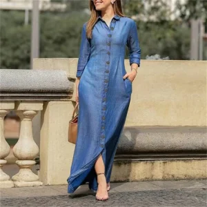Autumn Women Clothing Shirts Dress Vintage Wash Long Sleeve Denim Women’s Button Design Temperament Dress