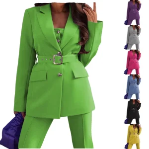 Autumn Women’s 2 Piece Suit Set Elegant Belted Blazer and Pants Professional Office Business Suits
