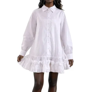 Autumn Women’s Anti static White Shirt Dress with Wood Ear Edge Loose Fit Single Breasted Short Skirt