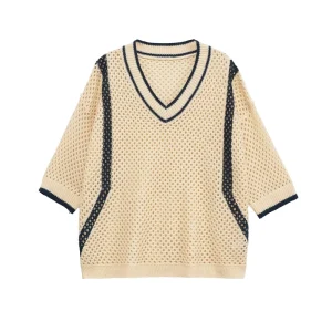 Autumn Women’s Casual Chic Short Sleeved V Neck Knitted Sweater Retro Style with Color Matching New Arrival