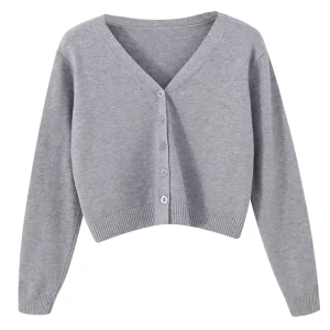 Autumn Women’s Casual High Waist Anti Pilling Spandex Polyester V Neck Knitted Cardigan Long Sleeve Loose Front Logo Button