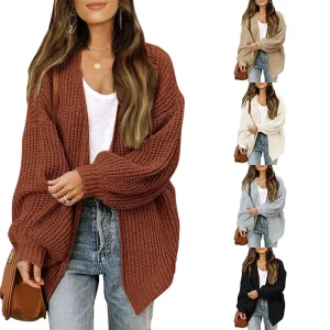 Autumn Women’s Casual Puff Sleeve Knit Cardigan Ribbed Sweater Coat with Front Pocket Design